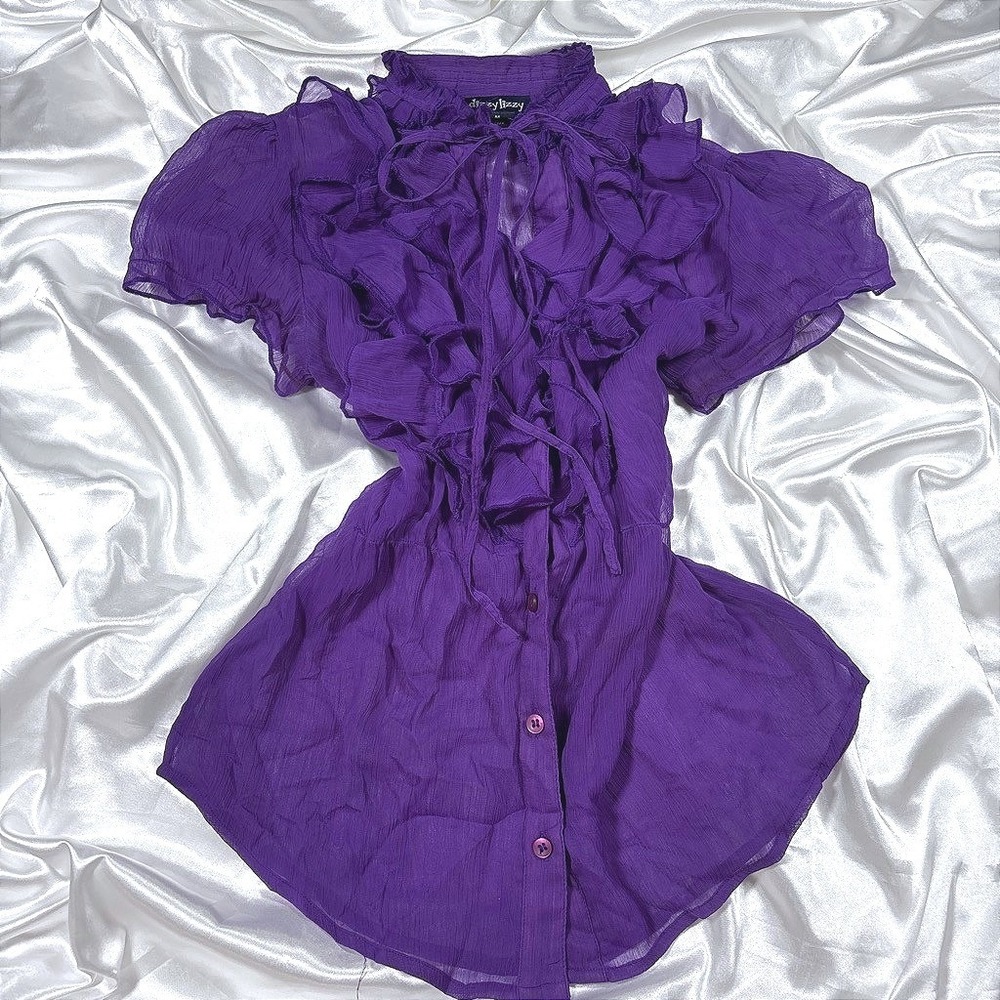 y2k romantic Ruffle Blouse Purple Good Sheer Tie Neck Flutter Sleeve